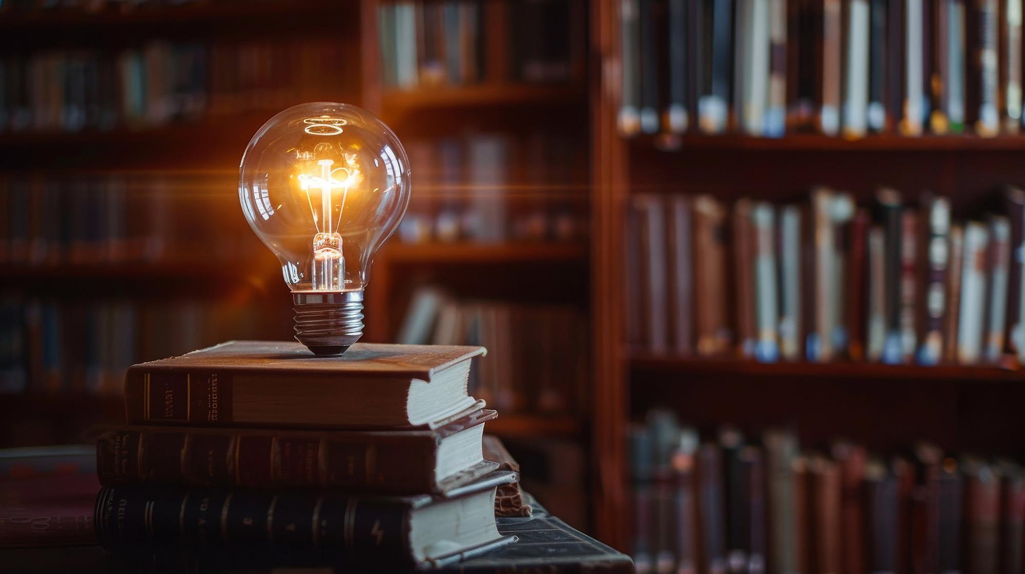 A light bulb on books in a library